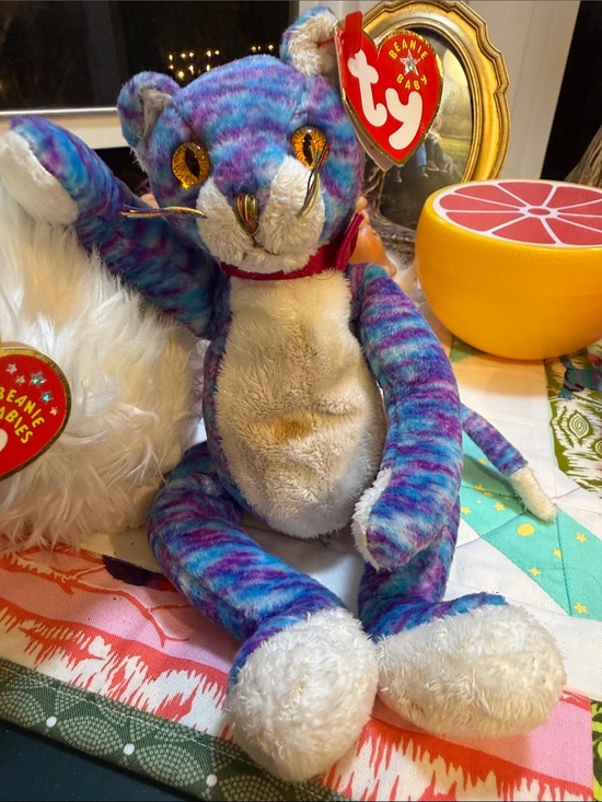 Ty Other - Ty Beanie Baby Plush Cat - Purple Blue Tie-Dye with White Belly kooky